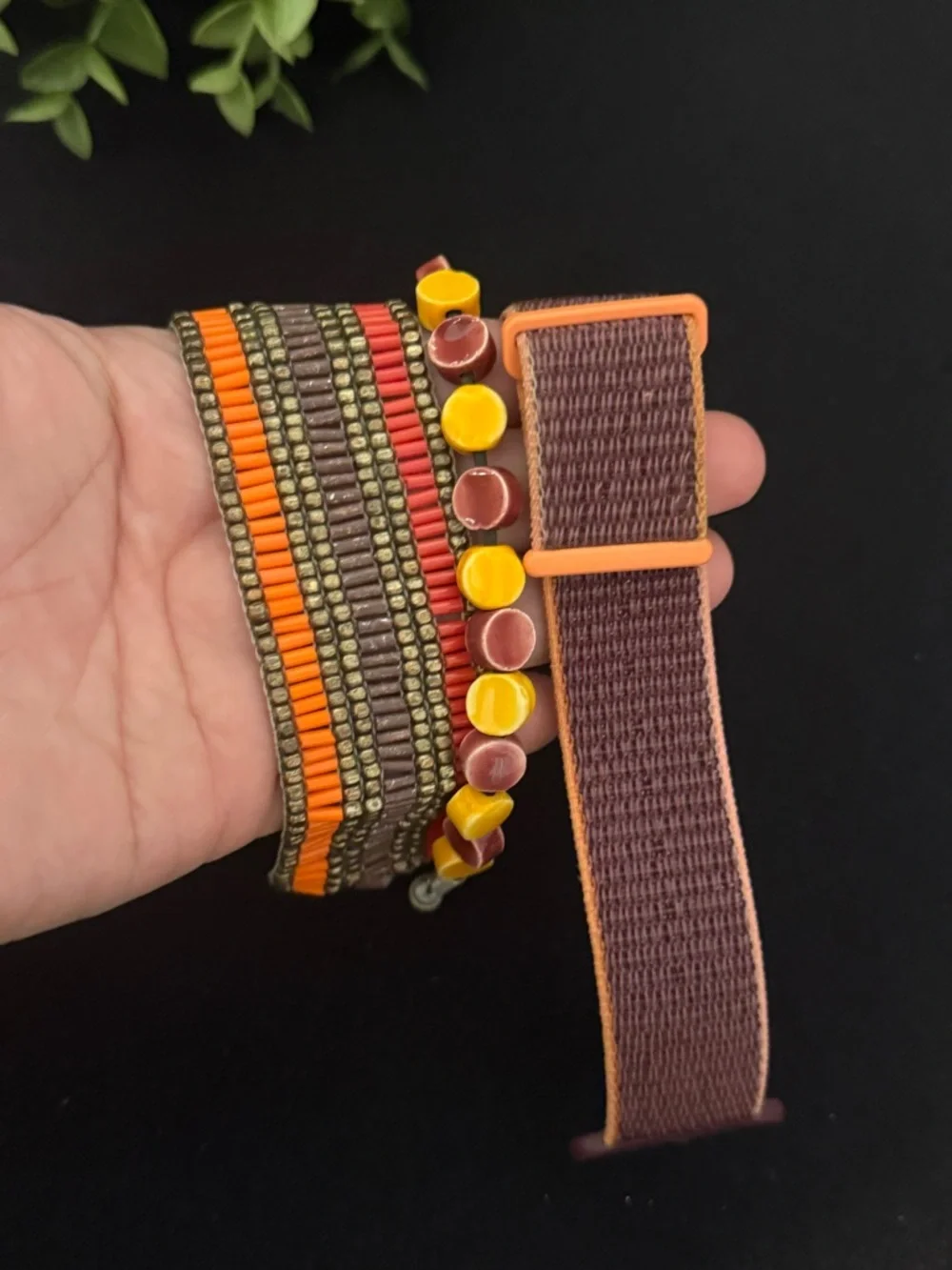 Boho Beaded Multistrand Bracelet and Watch Band‎ in Plum and Mustard (E5)